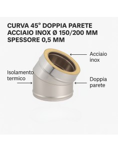 Curva 45° Doppia Parete Acciaio Inox Ø 150/200 MM Spessore 0,5 MM Canna Fumaria  2