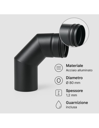 Curva 90° Modifica Direzione Canale Fumo Diametro 80 mm Sp. 1,2 mm Stufa Pellet