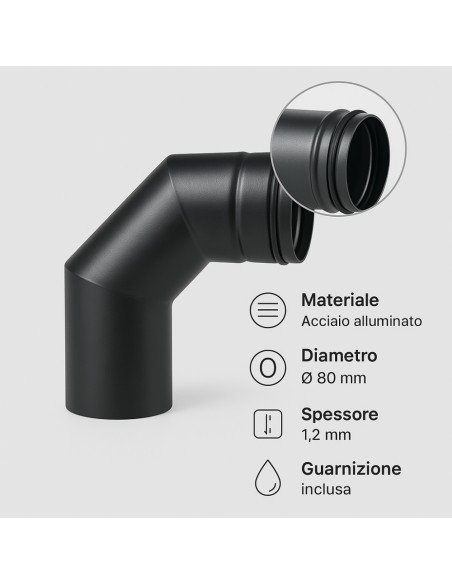 Curva 90° Modifica Direzione Canale Fumo Diametro 80 mm Sp. 1,2 mm Stufa Pellet