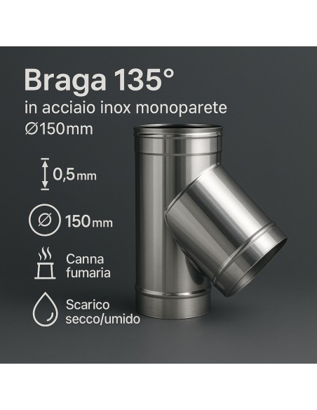 Raccordo Braga 135° Mono Parete Metallica Spessore 0,5 mm Canna Fumaria