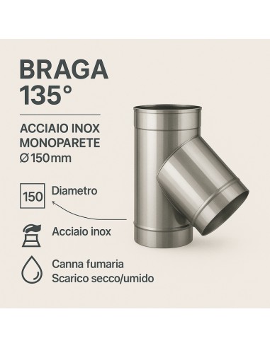 Raccordo Braga 135° Mono Parete Metallica Spessore 0,5 mm Canna Fumaria