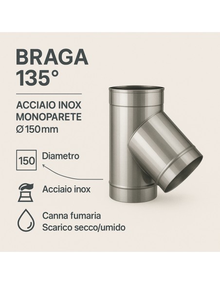 Raccordo Braga 135° Mono Parete Metallica Spessore 0,5 mm Canna Fumaria