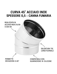 Curva  45° Acciaio Inox Spessore 0,5 MM Canna Fumaria Monoparete  2