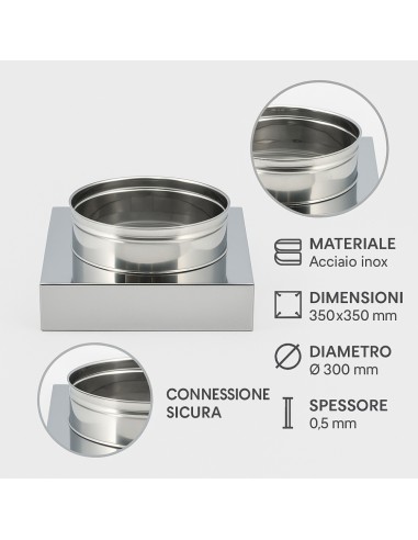 Riduzione Quadra Tonda 350x350 - Ø 300 mm, Acciaio Inox Sp. 0,5 mm Canna Fumaria