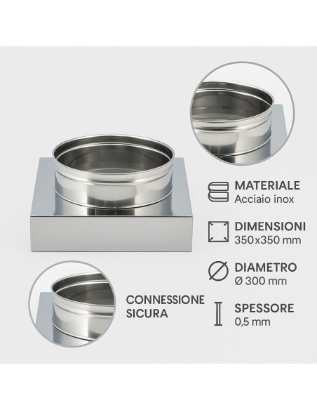 Riduzione Quadra Tonda 350x350 - Ø 300 mm, Acciaio Inox Sp. 0,5 mm Canna Fumaria