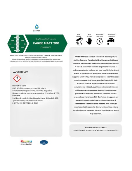 Farbe Matt 200 Pittura Acrilica Coprente Traspirante Bassa Lavabilità Interni