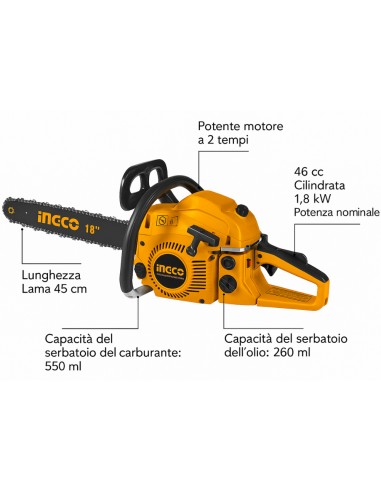 Motosega A Scoppio 46 cc Lunghezza Lama 45cm 18 Pollici Lavori Giardinaggio 
