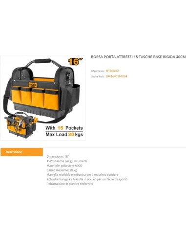 Borsa Porta Attrezzi 15 Tasche Base Rigida Organizzazione Utensili cm 40 