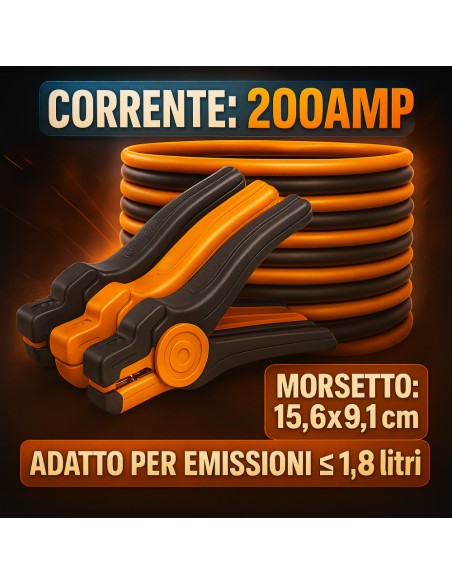 Cavi Batteria Auto Rame 200A Morsetto 15.6x9.1 Cm Lunghezza 2,5 Metri  