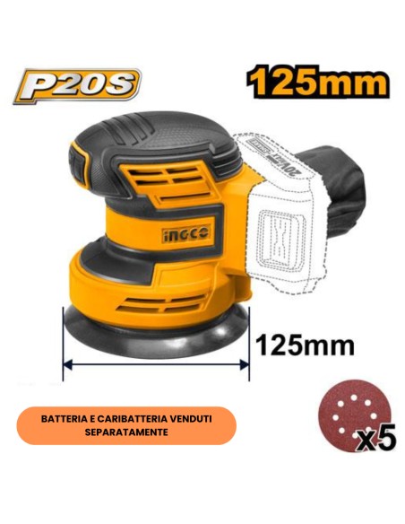 Levigatrice Rotorbitale Batteria Al Litio 20V Nuda 5 Fogli Carta Abrasiva