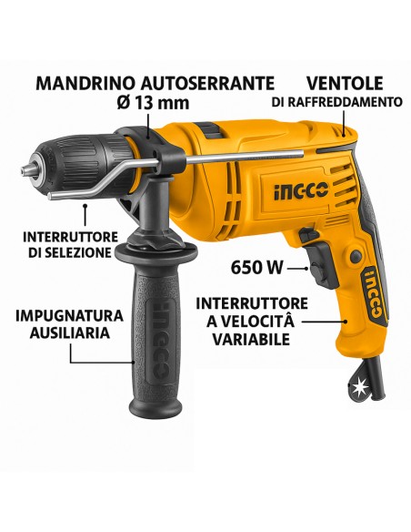 Trapano A Percussione 650 Watt Velocità Variabile Funzione Martello  
