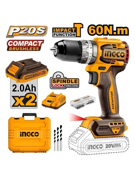 Trapano Percussione 20V 1 Caricabatterie 2 Batterie 2Ah Valigetta Inclusi  