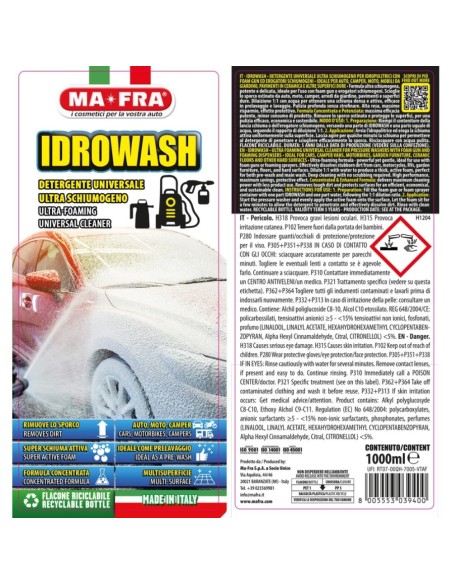Mafra IDROWASH Detergente Ultra Schiumogeno Concentrato Auto, Moto E Camper 1L