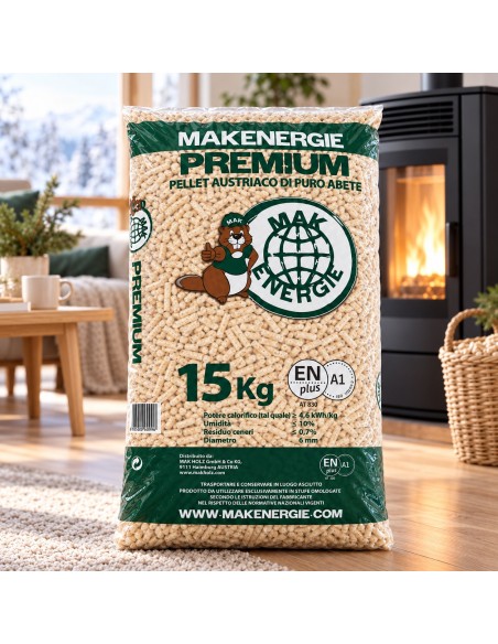Pellet Puro Abete MAK ENERGIE Premium 100%  ENplus A1 Sacco Da 15 kg Ø 6 mm 