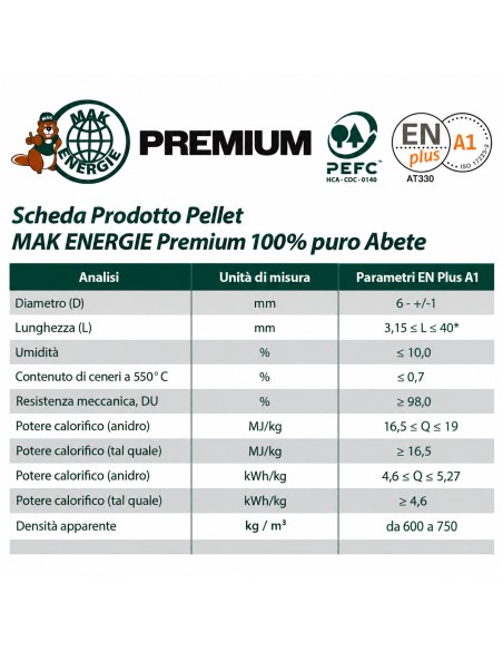 Pellet Puro Abete MAK ENERGIE Premium 100%  ENplus A1 Sacco Da 15 kg Ø 6 mm 