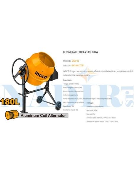 Betoniera elettrica da 180 litri 800W 28RPM 