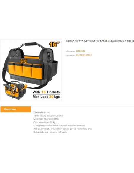 Borsa Porta Attrezzi 15 Tasche Base Rigida Organizzazione Utensili cm 40 
