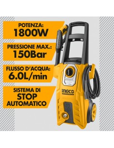 Idropulitrice Elettrica 1800W 150BAR Inclusi Accessori Pulizia Sporco INGCO 2