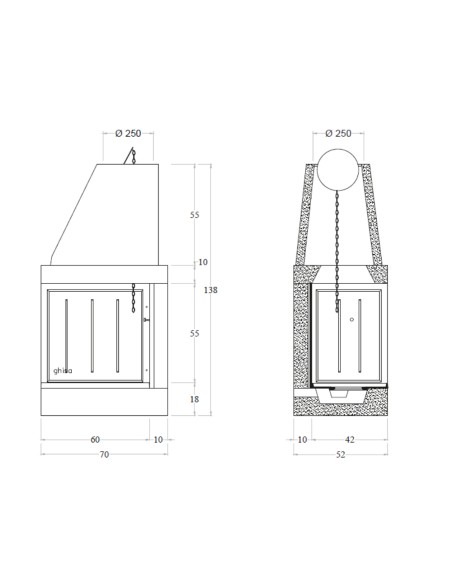 Camino Legna Prefabbricato  In Ghisa Focolare Aperto DS70TGH Reversibile Calore