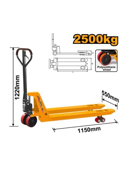 Transpallet Ingco Carico Max 2,5T Forche 550 x 1150 mm Colore Giallo Logistica