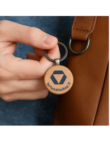 Portachiavi Personalizzato Fortunatoshop.it  In Legno Rotondo Con Logo Geometrico Blu Scuro Anello per Chiavi