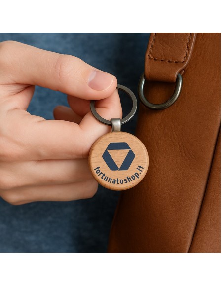 Portachiavi Personalizzato Fortunatoshop.it  In Legno Rotondo Con Logo Geometrico Blu Scuro Anello per Chiavi