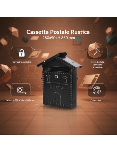 Cassetta Postale Rustica Nera In Ferro Battuto 280x90xH.350 mm