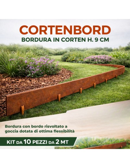 Bordura Flessibile In Acciaio Cortenbord 2 mt Con Giunti Viteria e Chiavetta Pezzi 10 