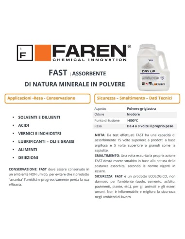 Faren DRY UP Polvere Assorbente Ecologica Ideale Per Olio, Vernici, Acidi 900gr.