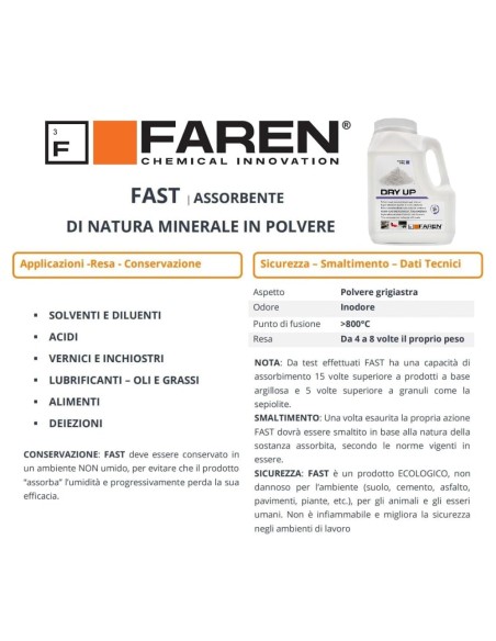 Faren DRY UP Polvere Assorbente Ecologica Ideale Per Olio, Vernici, Acidi 900gr.