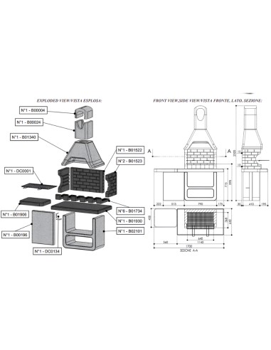 SAROM Barbecue Ulisse Carbonella 170 x 64 x 232 cm Griglia E Ampio Tavolo Laterale