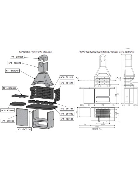 SAROM Barbecue Ulisse Carbonella 170 x 64 x 232 cm Griglia E Ampio Tavolo Laterale