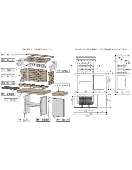 SAROM Barbecue Luxor Legna Carbonella 159 x 72 x 161,5 cm Con Tavolo Laterale