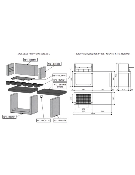 SAROM Barbecue Porto New Legna Carbonella 160 x 51,5 x 96,8 cm Griglia E Ampio Tavolo Laterale
