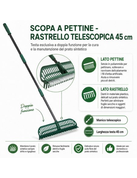 Scopa E Rastrello Telescopico Per Prato Sintetico 45 cm