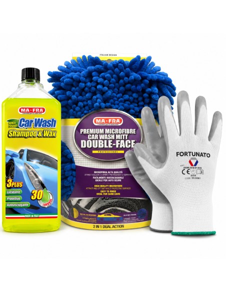 Kit Lavaggio Auto Mafra Con Shampoo, Guanto Double Face e Guanti Da Lavoro