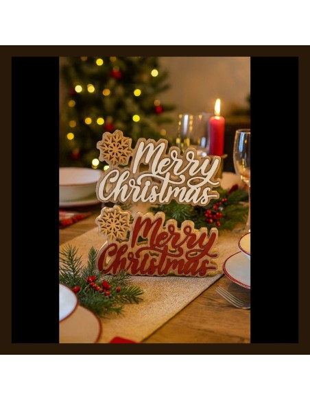 Scritta Merry Christmas in Legno con Fiocco di Neve 25x14 cm Mercury