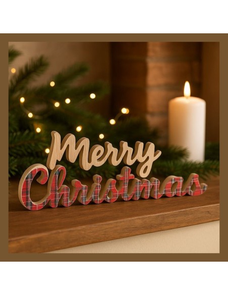 Scritta Christmas in Legno Tartan da Appoggio 39x17,5 cm Mercury