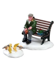 Statuina Nonno su Panchina con Piccioni Set 2 Pezzi Lemax