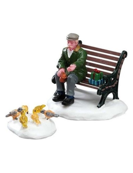 Statuina Nonno su Panchina con Piccioni Set 2 Pezzi Lemax