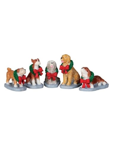 Set 5 Cani con Abbigliamento Natalizio per Villaggio di Natale Lemax