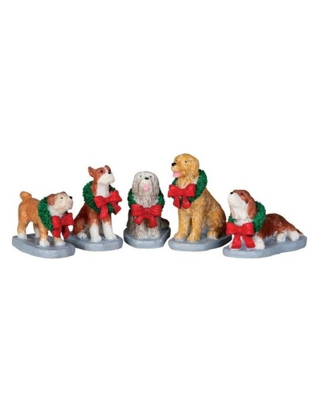Set 5 Cani con Abbigliamento Natalizio per Villaggio di Natale Lemax