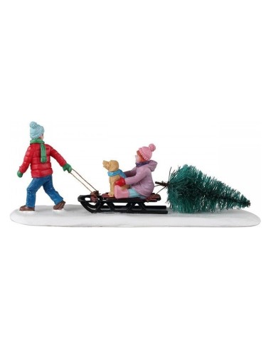 Statuina Bambini con Albero di Natale su Slittino per Villaggio Lemax