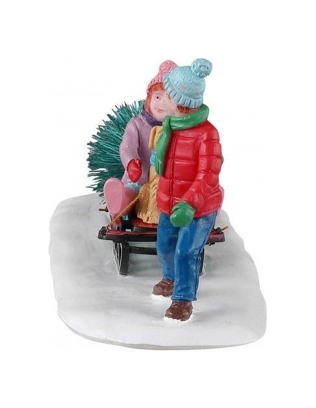 Statuina Bambini con Albero di Natale su Slittino per Villaggio Lemax