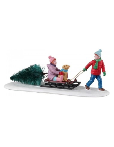 Statuina Bambini con Albero di Natale su Slittino per Villaggio Lemax